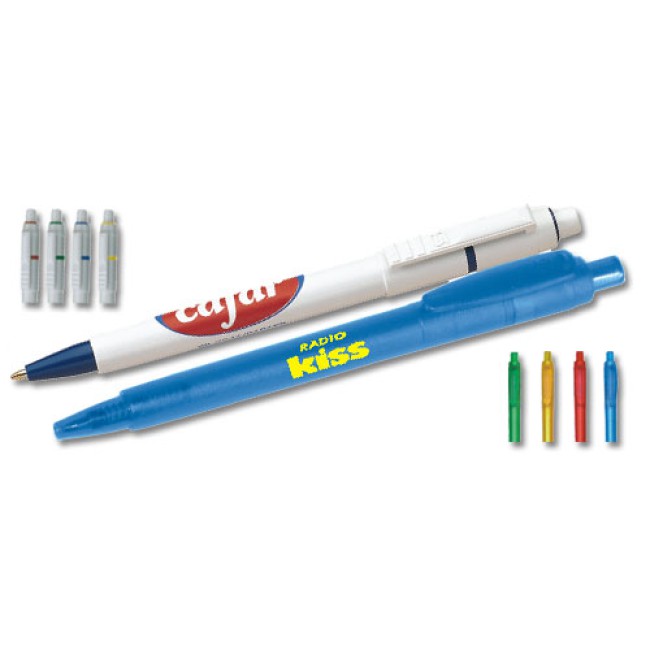 Gadget scontato personalizzato con logo - Penna sfera a scatto  fusto trasparente frosty satinato assortito refil nero