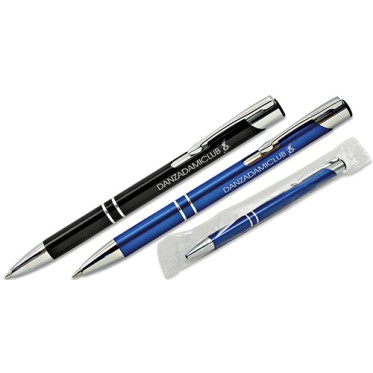 Penna personalizzabile con corpo in metallo laccato blu e dettagli colorati