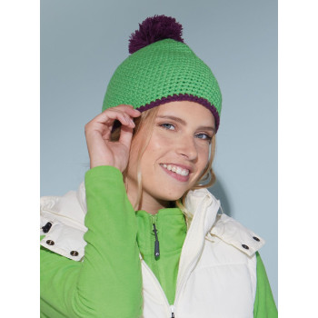 Pompon Hat with Contrast Stripe