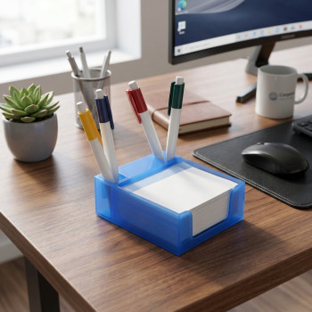 Gadget personalizzati in offerta - Porta penne personalizzabile trasparente blu con maxi block incluso