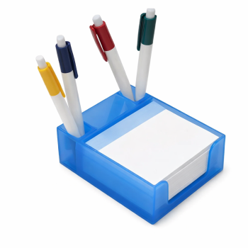 Gadget personalizzati in offerta - Porta penne personalizzabile trasparente blu con maxi block incluso