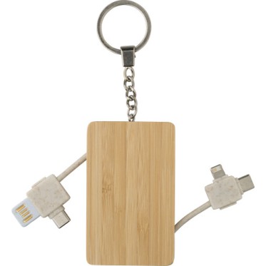 Gadget economici personalizzati con logo - Portachiavi con cavi per la ricarica in bambù Bianca