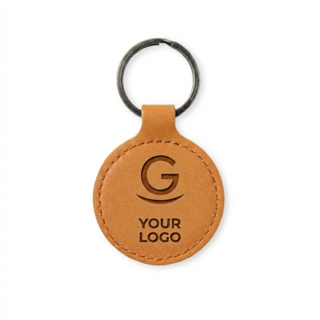 Portachiave in Pelle Personalizzati con Logo - Portachiavi personalizzabile in pelle riciclata marrone con incisione logo