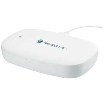 Gadget per smartphone personalizzato con logo - Sanificatore UV Capsule per smartphone, con stazione di ricarica da 5 W