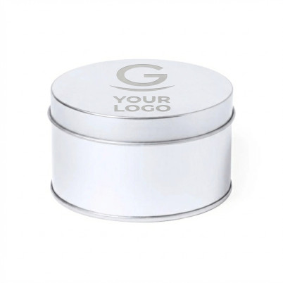 Scatola rotonda personalizzabile in metallo argentato con coperchio elegante