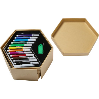 Giochi bambini personalizzati con logo - Set artistico Kenji | Scatola esagonale in cartone | 54 pz