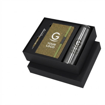 set regalo personalizzati con logo - Set bloc notes personalizzabile con penna e contenitore termico eco-friendly