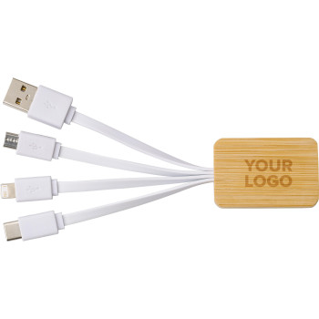 Cavi ricarica smartphone personalizzati con logo - Set cavi per la ricarica 3 in 1 in bamboo Brandan