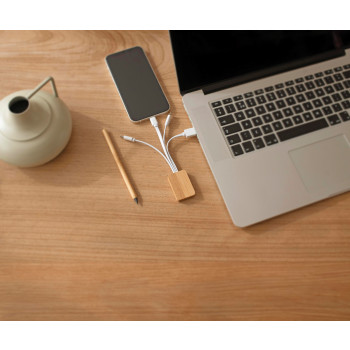 Cavi ricarica smartphone personalizzati con logo - Set cavi per la ricarica 3 in 1 in bamboo Brandan