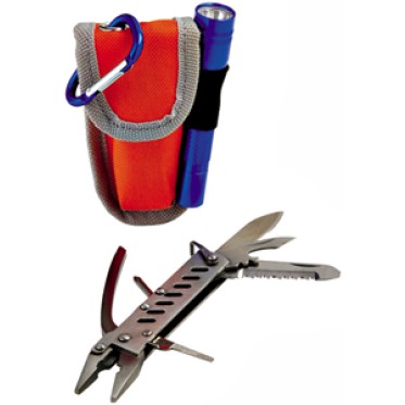 Gadget scontato personalizzato con logo - Set coltellino con torcia moschettone e custodia arancio con batterie comprese