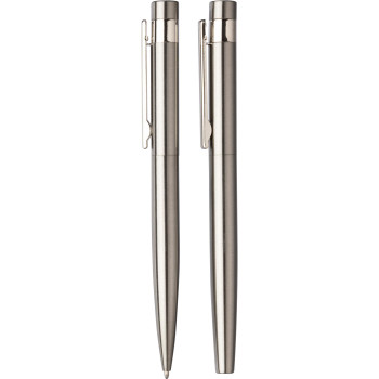 gadget ecologici con logo - Set da scrittura Fritz | Acciaio inox riciclato | Penna a sfera twist e rollerball