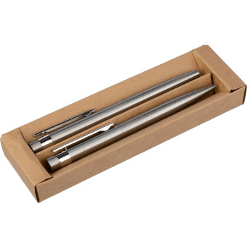 gadget ecologici con logo - Set da scrittura Fritz | Acciaio inox riciclato | Penna a sfera twist e rollerball