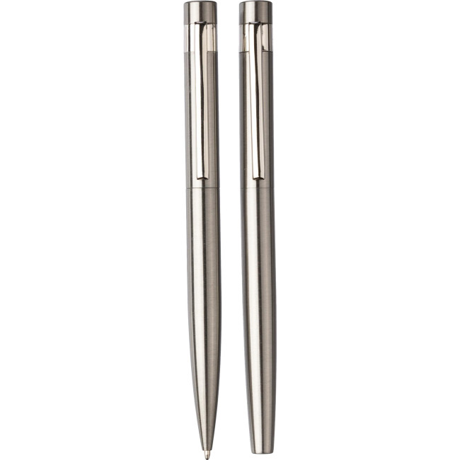 gadget ecologici con logo - Set da scrittura Fritz | Acciaio inox riciclato | Penna a sfera twist e rollerball