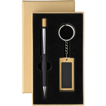 Set da scrittura in bambù con penna e portachiavi