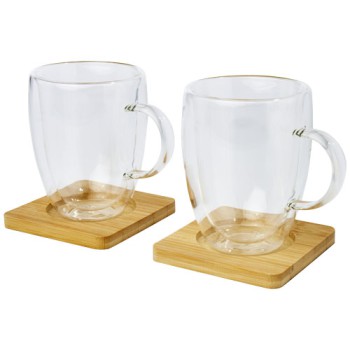 Gadget per cucina e casa regalo aziendale per la casa - Set di 2 tazze in vetro a doppia parete da 350 ml con sottobicchiere in bambù Manti 