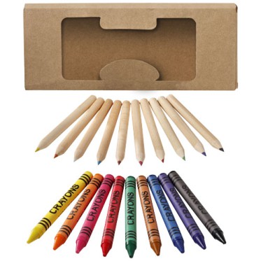 Kit scrittura personalizzati con logo - Set di matite e pastelli a cera colorati da 19 pezzi Lucky