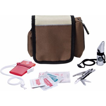 Set kit primo soccorso con fischietto pinze e kit pronto soccorso in bustina in poliestere 600d marrone e beige