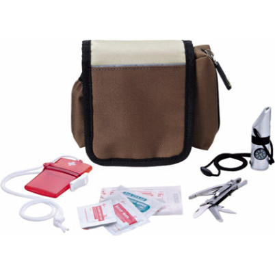 Set kit primo soccorso con fischietto pinze e kit pronto soccorso in bustina in poliestere 600d marrone e beige