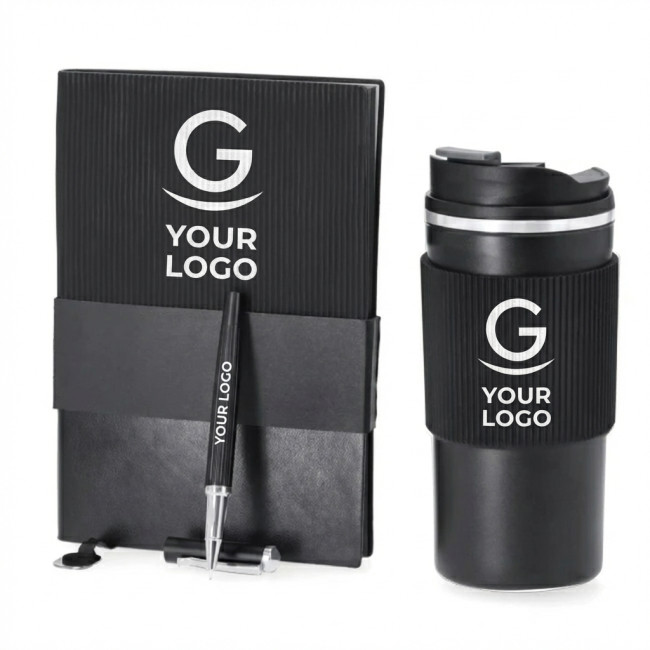 set regalo personalizzati con logo - Set premium personalizzabile thermos tumbler 470 ml e taccuino con penna roller