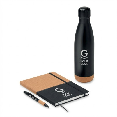 Set regalo 3 pezzi con borraccia 500 ml taccuino A5 e penna