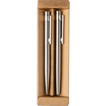 gadget ecologici con logo - Set scrittura in acciaio inox riciclato composto da penna a sfera e rollerball Fritz