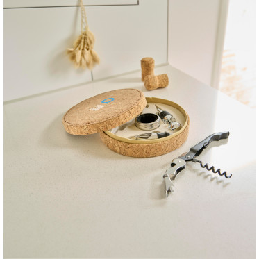 Set vino in sughero con 4 accessori: coltello e beccuccio