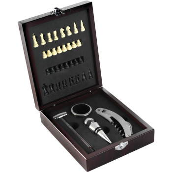 Set da vino personalizzati con logo - Set vino Renée | Cassetta in legno | Coperchio a scacchiera | 4 pz