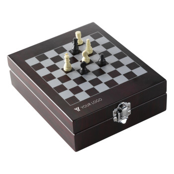 Set da vino personalizzati con logo - Set vino Renée | Cassetta in legno | Coperchio a scacchiera | 4 pz