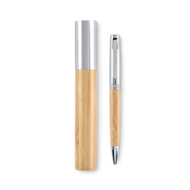 Penna a sfera personalizzabile metallo con finitura bamboo e meccanismo a rotazione