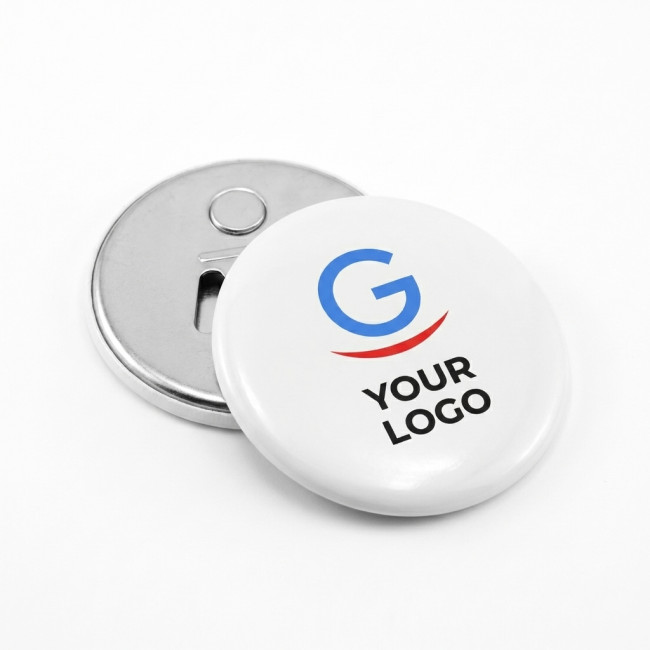 Spille personalizzate con logo - Spilla apribottiglie personalizzabile magnetica con diametro 5,8 cm