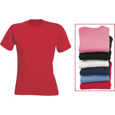 Gadget scontato personalizzato con logo - T-shirt  donna girocollo, in cotone da gr. 150, manica corta. Confezione in nylon.