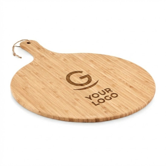 Tagliere rotondo in legno di bamboo con manico e cordicella integrata