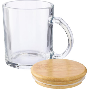 gadget ecologici con logo - Tazza Ashley | Vetro riciclato | Coperchio bambù | 300 ml