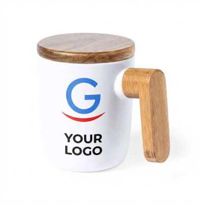 Tazza in ceramica personalizzabile con manico e coperchio in legno naturale