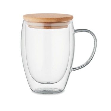 Tazza in vetro borosilicato doppio strato con coperchio bamboo 350 ml