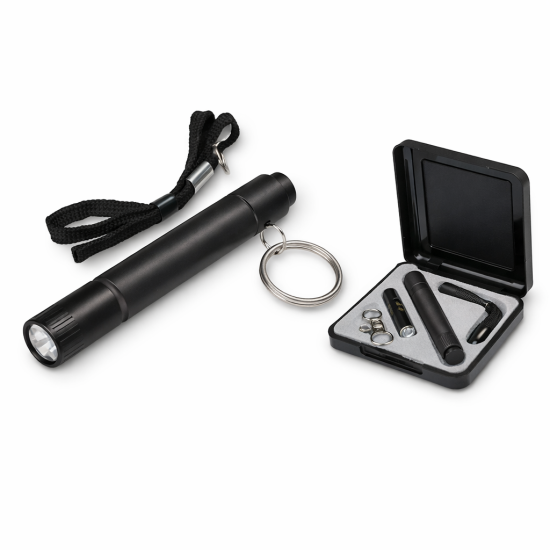 Torcia compatta personalizzabile con batteria integrata e laccio nero