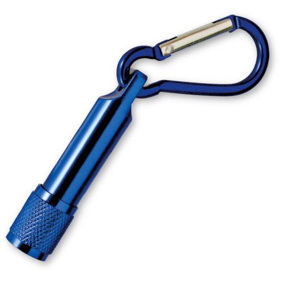 Torcia con moschettone in alluminio colorato. Confezione in polybag.