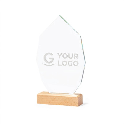 Trofeo personalizzabile in vetro con base in legno naturale elegante