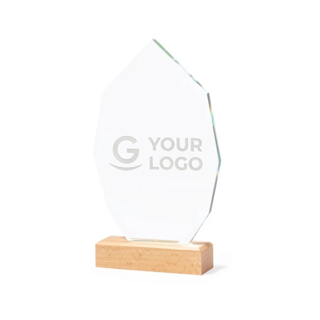 targhe e trofei personalizzati - Trofeo personalizzabile in vetro con base in legno naturale elegante