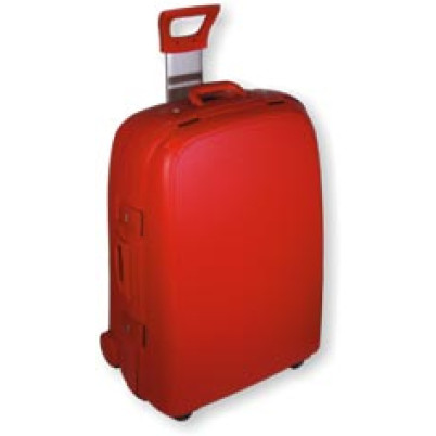 Trolley  rigido in colore rosso,  formato grande. Scatola di confezione.