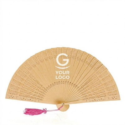 Ventaglio personalizzato in legno naturale con cinghia e pompon decorativo