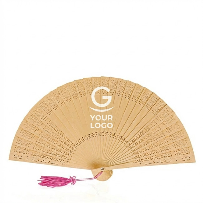 ventaglio personalizzato - Ventaglio personalizzato in legno naturale con cinghia e pompon decorativo