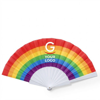 ventaglio personalizzato - Ventaglio pieghevole personalizzabile tessuto multicolor aste RPET bianco