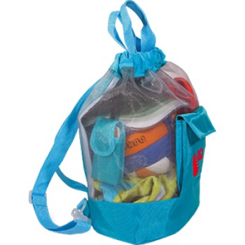 Borse personalizzate con logo - Zainetto spiaggia trasparente retinato finiture azzurre